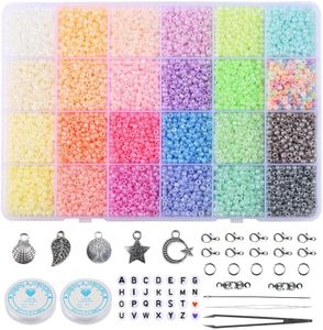 24 Colors Pony Beads Set, BetterJonny 3mm Glass Seed Beads Bracelet Beads with Pendant Lobster Clasp Open Jump Rings Clasp Crimp Beads Elastic String Tweezers Alphabet Letter Beads and Needles For DIY Jewelry Making(Light Color)