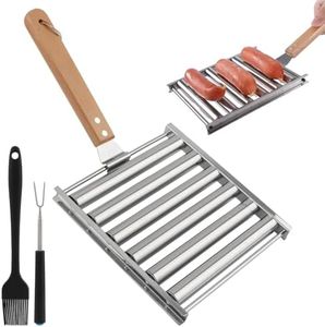 Hot Dog Roller, 5 Hot Dog Capacity, Stainless Steel Sausage Grill Rack with Long Wood Handle, Includes Silicone Basting Brush and BBQ Meat Fork, Perfect for Evenly Cooked Hot Dogs