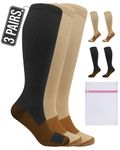 360 RELIEF 3 Pairs Copper Compression Socks Women & Men 15-20 mmHg Varicose Veins, Travel, Running, Pregnancy Socks, L/XL, 2Beige+1Black + Laundry Bag