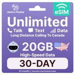 Jethro Mobile - eSIM USA, 20GB High-Speed Data, Unlimited Talk, Text, & Data, Mobile Hotspot, 30 Day Phone Plan for Canadian Travelers to The US, International Calling to Canada Included