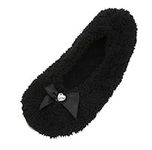 Ladies Fleece Ballerina Slippers With Satin Bow Black 7-8