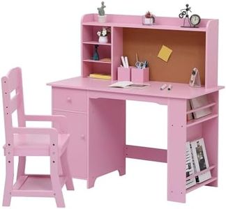Garvee Kids Desk, Study Desk and Chair Set for Boys and Girl, Wooden Kids Writing Table with Bookshelf, Bulletin Board, Cabinet and Drawer for Ages 3-8, Pink