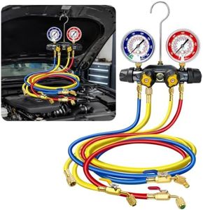49968 Charging Manifold and 4 Valve Test for Refrigerant Type R-22, R-404A, R-410A, A/C Manifold Gauge Tool Set, Include 60" Hoses and 3/8" x 45° Compact Ball Valve Hose Set, Large Double Gauges