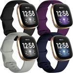 Getino 4 Pack Bands Compatible with Fitbit Sense and Fitbit Versa 3, Soft Waterproof and Durable Silicone Sport Strap, Adjustable Replacement Wristbands for Women Men, Small Black/Navy/Plum/Gray