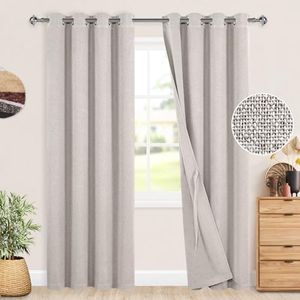 DWCN 100% Blackout Curtains Textured Double Face Linen Curtains Thermal Insulated Grommet Curtain Drapes Sewn with Tiebacks for Living Room/Bedroom,Each W132 cm x D214cm, Set of 2 Panels,Greyish Beige