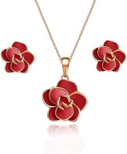 EVEVIC Rose Flower Necklace Earrings Set for Women 18K Gold Plated Hypoallergenic Jewelry Sets (Red)