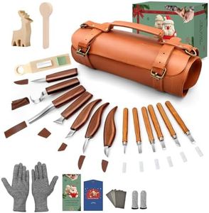 COZYGIFT Wood Carving Kit for Adults & Beginners - 31-Piece Set with 7 Whittling Knives & 6 Detail Gouges, 2 Pre-Carved Basswood Blocks, Leather Roll & Splinter-Free Handles for Woodworking & DIY Gift