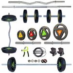 Leeway Metal Integrated Rubber Coated Weight Plate 30 Kg Home Gym Set with 3Ft Curl (28mm), 5Ft Straight (28mm), Dumbbell Rods, Weight Plates Combo, Gym Equipment (30kg Set (2.5X4+5X4) Home Gym Combo)