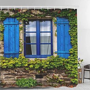 Batmerry Tenda da doccia con paesaggio floreale europeo, decorazione da giardino, tende in legno blu, tende da doccia con piante verdi, tenda da doccia per box doccia bagno, impermeabile di dimensioni