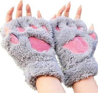 Cat Claw Gloves Plush Half Finger Bear Paw Fingerless Mittens Cute Thick Warm, Gray, Large