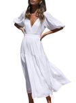 MessBebe Women's 2024 Summer Maxi Dress Puffy Sleeve V Neck Boho Party Beach Tiered Ruffle Flowy Long Smocked Dresses White