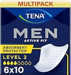 TENA Men Level 2 Absorbent Protector Incontinence Pads, 60 Incontinence Pads (10 x 6 Packs) for Men of All Ages, Cup-Shaped for Medium Bladder Weakness, Urine Leakage and Drips Black 60.0 count