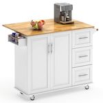 soges Mobile Kitchen Island with Storage and Drop Leaf on Wheels, Rolling Kitchen Island Table Cart with 3 Drawers and Large Storage Cabinets with 2 Doors, Adjustable Shelves, White,10FZSRKI06WH-New