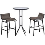 Outsunny 3pcs Patio Bar Set, Outdoor Bistro Set with 2 Bar Stools and 1 Tempered Glass Bar Table, Dining Chat Set, Tan