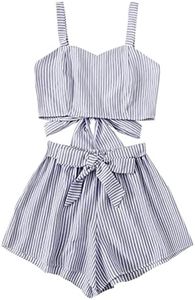 SweatyRocks Women's 2 Piece Outfits Summer Sleeveless Tie Back Crop Cami Top and Shorts Set Stripe Blue X-Small