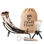 Divit Genuine Viking Drinking Horn, Horn Shot, Bottle Opener (3 Pc. Set) | Authentic Medieval Beer Horn Tankard | Horn Cup/Stein | Burlap Gift Sack Included. (16 oz, Dragon, Polished)