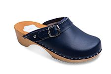 FUTURO FASHION Women's Healthy Natural Genuine Leather Wooden Sole Plain Clogs Unisex, Navy, 8 UK