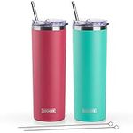 Koodee Straw Tumbler Skinny Travel Tumbler with Lid, 20oz Vacuum Insulated Double Wall Stainless Steel Water Tumbler Cup for Coffee, Tea（Wine Red-Teal）