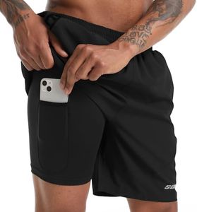 SOUKE Men's 2 in 1 Workout Running Shorts 7" Quick Dry Gym Athletic Shorts Liner Zipper Pockets Black