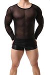 ONEFIT Fitted Men's Shirts See Through Tank Top Mesh Long Sleeves T-Shirt Vests, Black, Medium