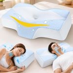 Memory Foam Neck Support Pillow for Neck and Shoulder Pain Sleeping with Cooling Pillowcase: Ergonomic Cervical Pillow 5X Pain Relief - Contour Bed Bolster Pillows for Side Back Stomach Sleepers