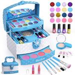 GirlsHome Kids Makeup Kit for Girl 35 Pcs Washable Toddler Makeup Kit, Girl Toys Real Cosmetic Little Girls Makeup Set, Safe & Non-Toxic Frozen Makeup Set for 3-12 Year Old Kids Birthday Gift-Blue