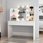 Dressing Table with LED Lights Mirror, White Vanity Table with 2 Drawers 6 Shelves, Modern Makeup Cosmetic Dresser Table for Girls Women, Bedroom Furniture 96x42x142cm