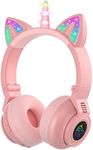JYPS Unicorn Bluetooth Headphones, Wireless/Wired Kids Headphones with LED Lights, Childrens Headphones Over Ear with Microphone and SD Card Slot, for iPad/Kindle/Tablet(pink)