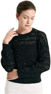 Serathinan Luxury 100% Linen Sequin Women's Hollow Out Pullover Elegant Round Neck Loose Knitted Sweater Clothing, BL4611431 (US, Alpha, Large, Regular, Regular, Black)