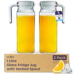 Fridge Jug 1L Glass Water Jug with Lid (2 Pack) - Clear Water Pitcher with Ribbed Glass Jug Design & Handle for Fridge Shelf & Everyday Use with Vented Spout - Juices, Pimms & Picnics