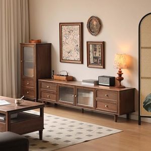 YESWOOD 86.6" L Black Walnut Wood TV Stand for 75-95" TV, Mid Century Modern Media Console Entertainment Center Table with Storage, TV Console Table for Bedroom Living Room