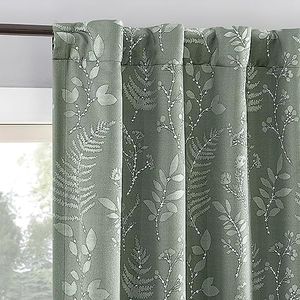 Sun Zero Ambridge 2-Pack Embroidered Botanical Leaf Pleated Look 100% Blackout Back Tab Curtain Panel Pair, 50" x 96", Sage Green