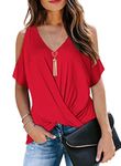 Womens Summer Tops Red Cold Off The Shoulder Sexy Casual V Neck Short Sleeve Ladies Cute Front Criss Cross Knot Batwing Dolman T Shirts Loose Fit Going Out Blouse 2024 Trendy Clothing XL