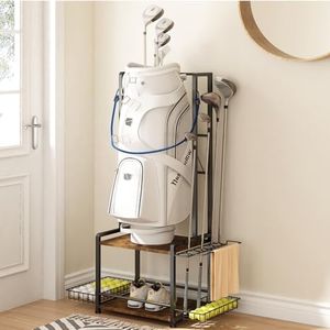 GILLAS 2 Tier Golf Bags Organizer Stand Rack, Wooden Golf Clubs Bag Organizer, Golfing Equipment Accessories, Club, Shed, Basement