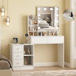 Vabches Makeup Vanity with Lights and Charging Station, Functional White Vanity Table with 5 Drawers and Lots Storage Shelves for Women Girls, 48.3in(W)