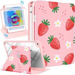 SurgeCraft for iPad Mini 4/5 Case, 360 Degree Rotating Stand with Pencil Holder for Women Girls Cute Folio Cover Kawaii Strawberry for iPad Mini 4th/5th Generation Cases 7.9 Inch