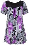 Womens Floral Print Ladies Short Sleeves Stretch Round Scoop Neckline Long Smock Tunic T-Shirt Top Plus Size