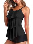 Summer Mae Two Piece Tankini Swimsuits for Women Flounce Ruffle Top with Boyshorts Bathing Suits Solid Black M