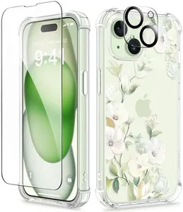 GVIEWIN 3 in 1 Designed for iPhone 15 Plus Case 6.7 Inch, with Screen Protector + Camera Protector Clear Flower [Not-Yellowing] Shockproof Women Slim Phone Cover, 2023 (Hibiscus/Green)