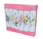 6 Ladies Coloured And White Boxed Embroidered Handkerchiefs 100% cotton, 12ins / 30cm, White with floral design