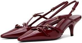 MICIFA Slingback Kitten Heels for Women Pointed Toe Stiletto Heels Slip On Pumps with Buckled Straps Dress Work Heeled Sandals, 2-burgundy, 7.5