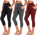 NEW YOUNG 3 Pack Capri Leggings for Women with Pockets-High Waisted Tummy Control Workout Gym Yoga Pants Black