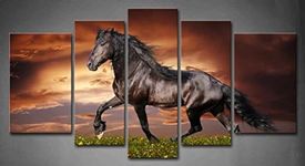 5 Panel Wall Art Black Friesian Running Horse Trot On The Field On Sunset Grass and Flower Painting Pictures Print On Canvas Animal The Picture for Home Modern Decoration Piece