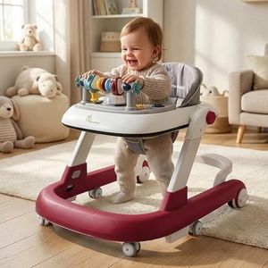 R for Rabbit Little Feet Walker Baby Anti Fall Convertible Push Walker for 6-8 Months Kids with Adjustable Speed Wheels, 2 Levels Height Adjustment Detachable Toy Bar with Music -Light (Red)