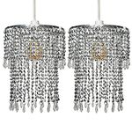 Pair of - Modern Sparkling Chrome Acrylic Crystal Jewel Bead Effect Ceiling Pendant Light Shades