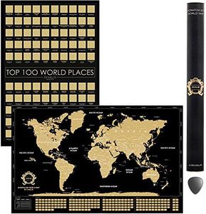 2 in 1 Large Gift Set - Scratch off World Map and Poster Scratch off Top 100 Places to Visit in the World - Best Places I`ve Been Map - Globetrotter Poster of Places Where You've Been - Bundle of Two