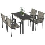 Outsunny 4 Seater Rattan Dining Set with Rectangular Glass Top Table and 4 Armchairs, PE Rattan Garden Furniture Set, Outdoor Dining Table and Chairs for Patio, Balcony, Lawn, Mixed Grey