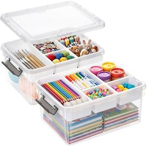 Bienvoun 17 QT Clear Plastic Craft Storage Box with Removable Trays & Dividers, Craft Organizer and Art Supply Organizer for Painting, Medicine, Beads, and Home Organization, 2 Packs
