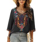 Seasonal Bohemian Embroidery Mexican Tops Women's Summer Boho Shirts Hippie Peasant 3/4 Sleeve V Neck Blouses Tunic (328-Black, 2XL)