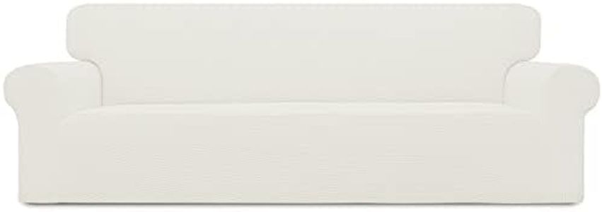 Easy-Going Stretch 4 Seater Sofa Slipcover 1-Piece Sofa Cover Furniture Protector Couch Soft with Elastic Bottom for Kids, Polyester Spandex Jacquard Fabric Small Checks Cream